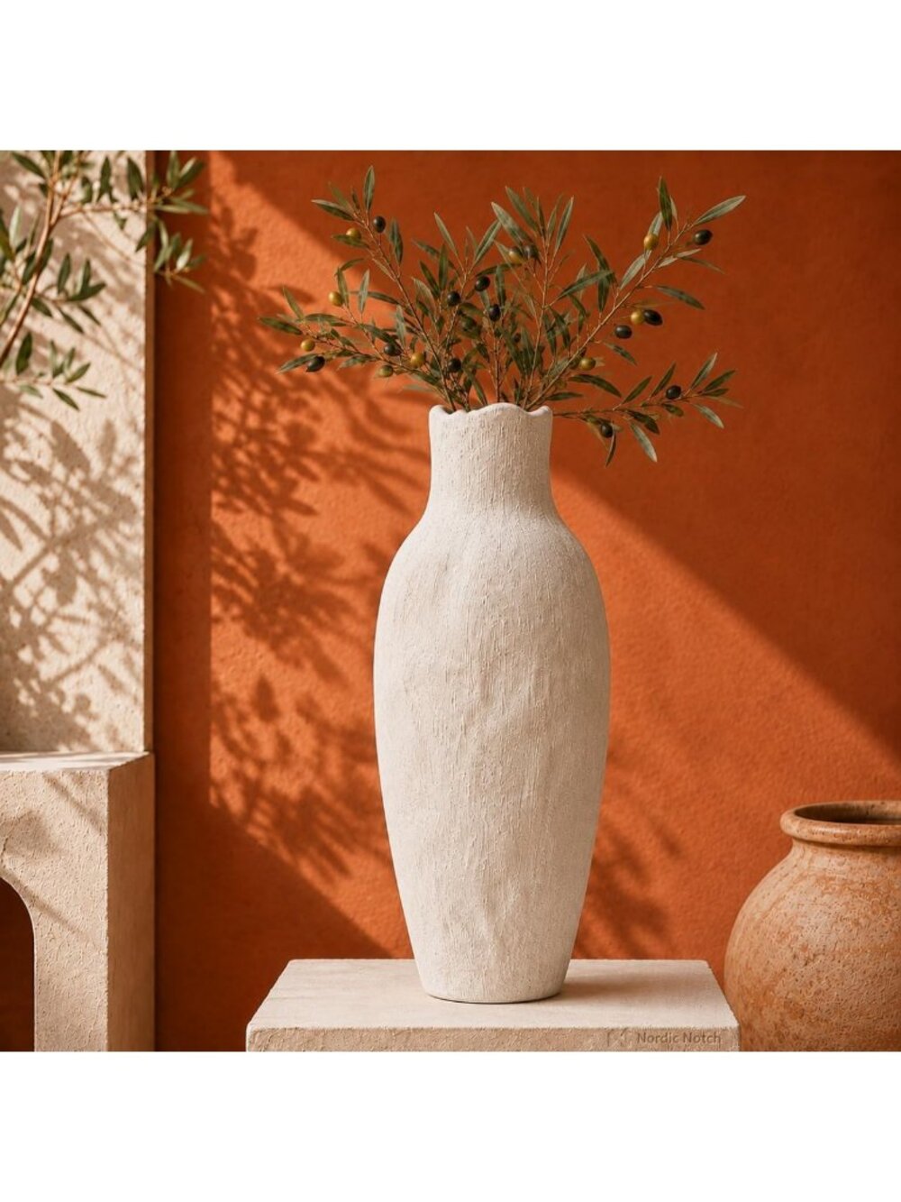 Handmade 16" Tall Textured Cream Ceramic Flower Vase for Home Decor Accent